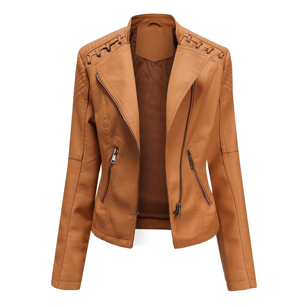 New Spring Autumn Women Faux Leather Jacket Pu Motorcycle Biker Purple Coat Slim Zipper Motorcycles Locomotive Outerwear 4XL